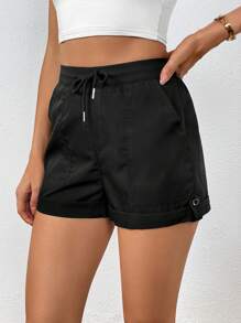 SHEIN Essnce 腰部抽繩卷邊短褲 - 黑色 - 查看 4