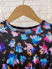 SHEIN 少女新款春秋萬聖節幽靈紮染長袖荷葉邊腰帶蝴蝶結連身裙 - 彩色 - 查看 6