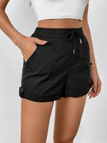 SHEIN Essnce 腰部抽繩卷邊短褲 - 黑色 - 查看 5