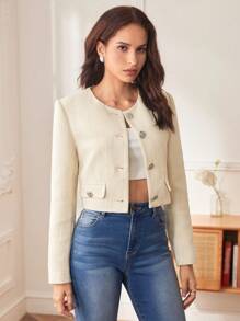 BizChic 翻蓋細節前紐扣夾克 - 米色 - 查看 8