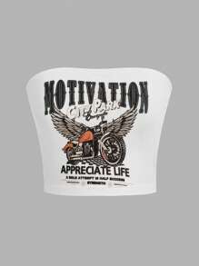 SHEIN EZwear Top bandeau con estampado de motocicleta y slogan - Blanco - Ver 1