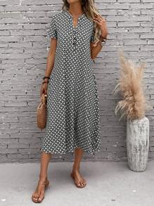 EMERY ROSE Geo Print Button Front Dress - Black - View 1