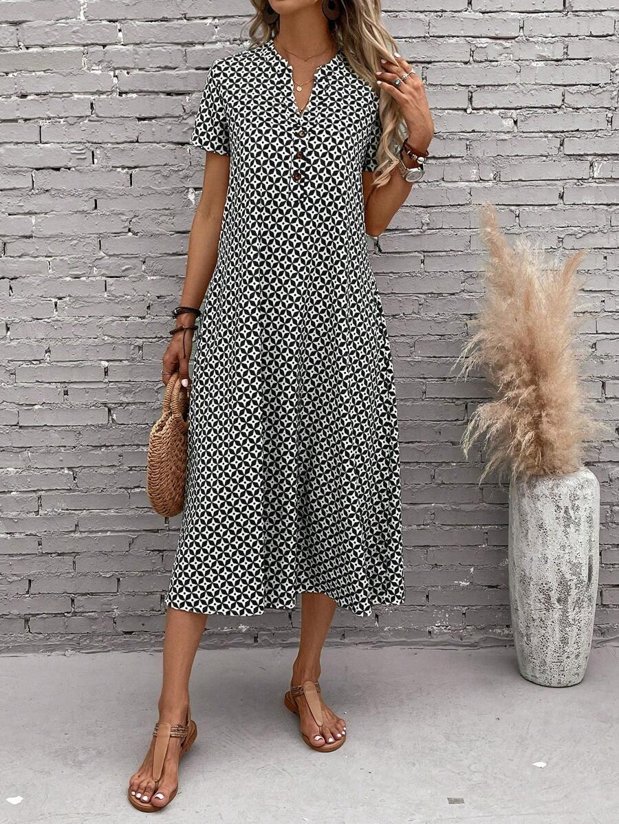 EMERY ROSE Geo Print Button Front Dress - Black - View 1