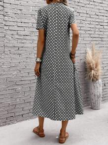 EMERY ROSE Geo Print Button Front Dress - Black - View 2