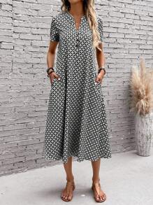 EMERY ROSE Geo Print Button Front Dress - Black - View 6