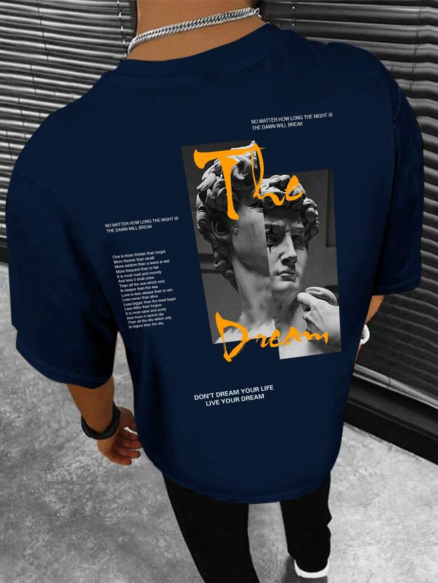 Manfinity LEGND 男士雕塑和標語圖案T恤 - 寶藍色 - 查看 1