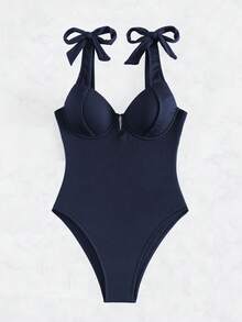 肩上打結鋼圈連體泳衣