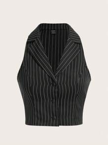 SHEIN X Antonella SHEIN EZwear Striped Print Button Front Crop Vest Blazer In Fall/Winter - Black and White - View 1