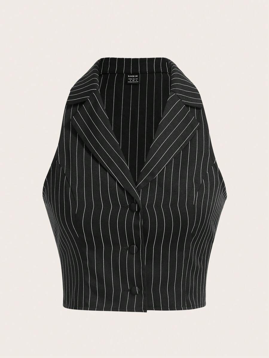 SHEIN X Antonella SHEIN EZwear Striped Print Button Front Crop Vest Blazer In Fall/Winter - Black and White - View 1