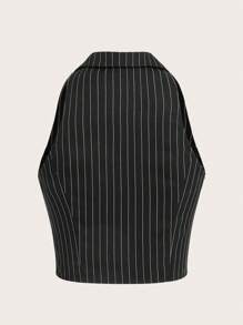 SHEIN X Antonella SHEIN EZwear Striped Print Button Front Crop Vest Blazer In Fall/Winter - Black and White - View 2