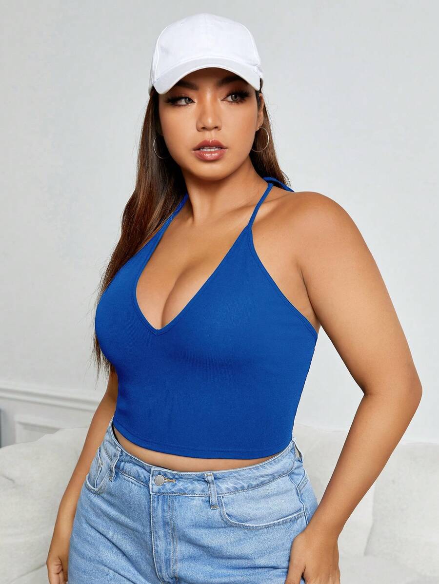 SHEIN EZwear Plus Solid Crop Halter Top - Blue - View 1
