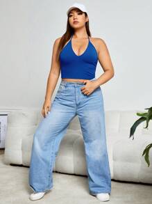 SHEIN EZwear Plus Solid Crop Halter Top - Blue - View 3