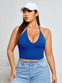 SHEIN EZwear Plus Solid Crop Halter Top - Blue - View 4