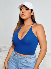 SHEIN EZwear Plus Solid Crop Halter Top - Blue - View 6