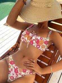 Floral Print Knot Front Bikini Set - Orange - View 1