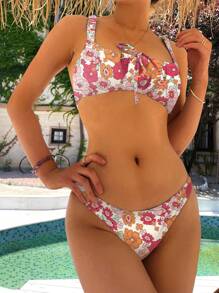 Floral Print Knot Front Bikini Set - Orange - View 3