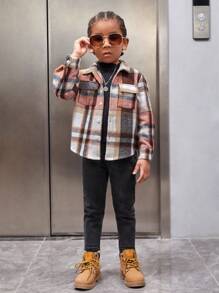 SHEIN Young Boy Plaid Print Flap Pocket Shirt - Multicolor - View 3