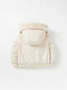 Cozy Pixies Baby Fleece Lined Thick Hooded Solid Colour Jacket Coat With Fuzzy Collar - Beige - View 2