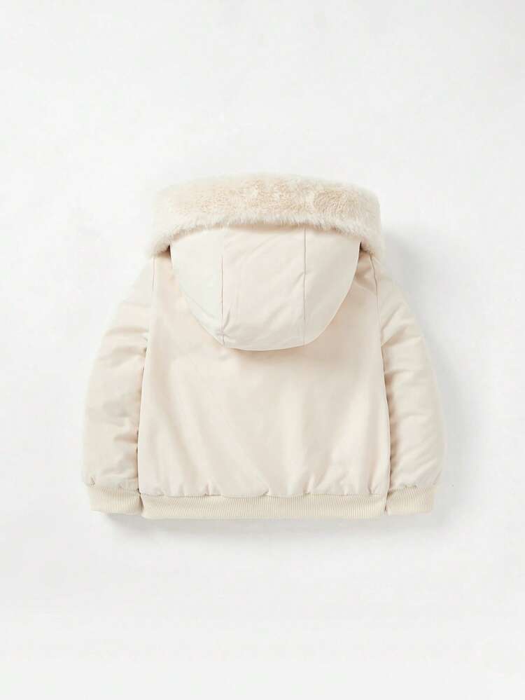 Baby Girls Thermal Lined Thick Hooded Solid Color Jacket Coat With Fuzzy Collar
