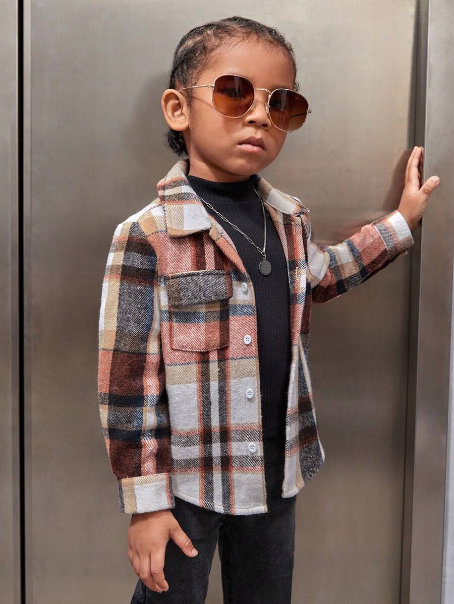 SHEIN Young Boy Plaid Print Flap Pocket Shirt - Multicolor - View 1