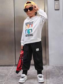 SHEIN Young Boy Letter Patched Detail Flap Pocket Buckle Front Cargo Pants - Black - View 3