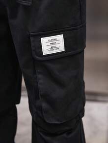 SHEIN Young Boy Letter Patched Detail Flap Pocket Buckle Front Cargo Pants - Black - View 4