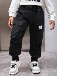 SHEIN Young Boy Letter Patched Detail Flap Pocket Buckle Front Cargo Pants - Black - View 5