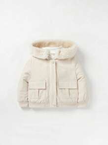 Cozy Pixies Baby Fleece Lined Thick Hooded Solid Colour Jacket Coat With Fuzzy Collar - Beige - View 8