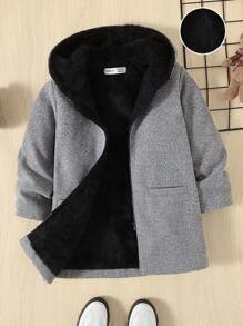 SHEIN Young Boy Marled Knit Teddy Lined Hooded Overcoat
