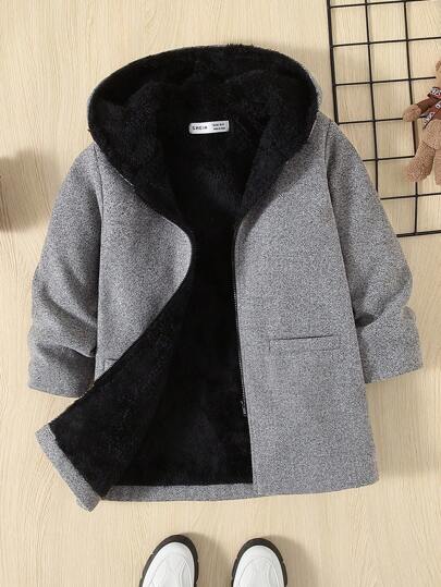 SHEIN Young Boys' Casual Comfortable Versatile Thermal Lined Hooded Collar Thickened Jacket, Suitable For Winter Fall