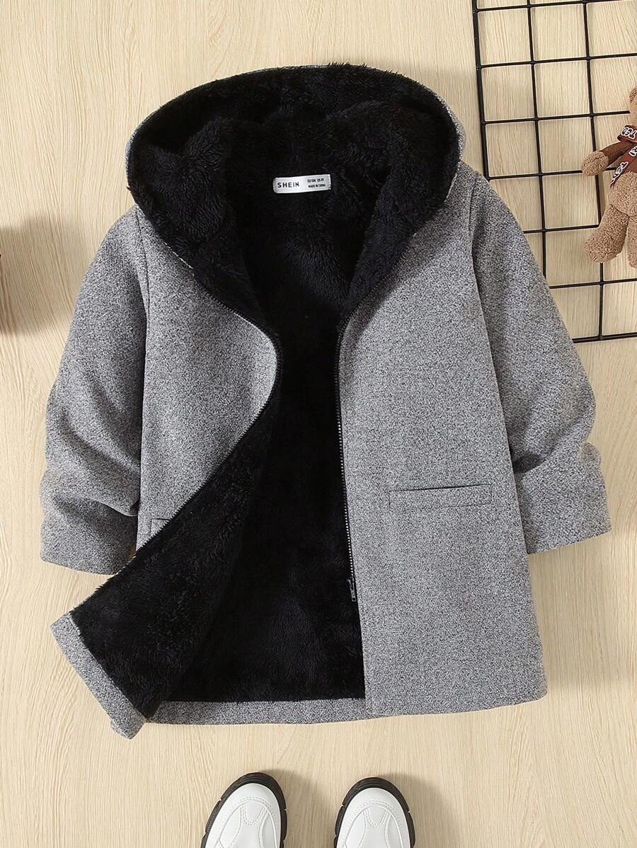 SHEIN Young Boys' Casual Comfortable Versatile Thermal Lined Hooded Collar Thickened Jacket, Suitable For Winter Fall - Grey - View 1