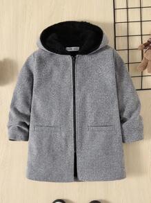 SHEIN Young Boy Marled Knit Teddy Lined Hooded Overcoat