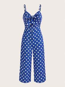 SHEINNeu 波卡圓點前繫帶吊帶連體褲 - 藍白色 - 查看 1