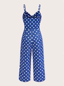 SHEINNeu 波卡圓點前繫帶吊帶連體褲 - 藍白色 - 查看 2