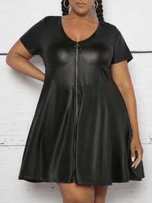 SHEIN CURVE+ Plus Zip Up PU Leather Dress - Black - View 1