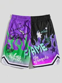 ROMWE MEN Street Life Shorts de baloncesto con cintura con cordón, gráfico de letra y ribete de rayas para hombres, escolar