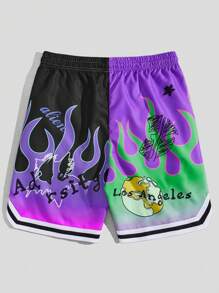 ROMWE MEN Street Life Shorts de baloncesto con cintura con cordón, gráfico de letra y ribete de rayas para hombres, escolar
