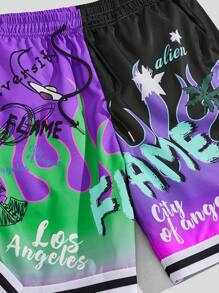 ROMWE MEN Street Life Shorts de baloncesto con cintura con cordón, gráfico de letra y ribete de rayas para hombres, escolar