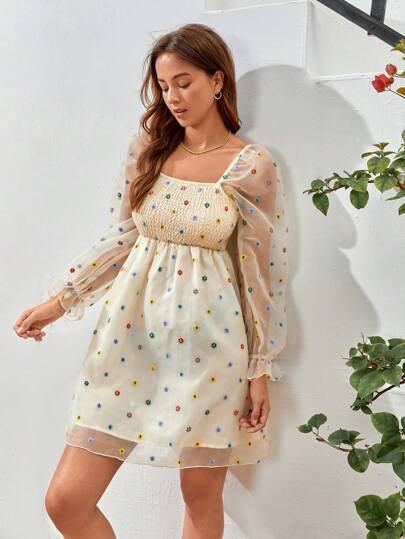 SHEIN VCAY Ditsy Floral Print Flare Sleeve Mesh Overlay Dress