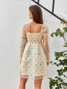 SHEIN VCAY Ditsy Floral Print Flare Sleeve Mesh Overlay Dress - Multicolor - View 2