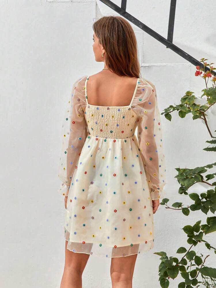 Ditsy Floral Print Flare Sleeve Mesh Overlay Dress