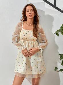 SHEIN VCAY Ditsy Floral Print Flare Sleeve Mesh Overlay Dress - Multicolor - View 3