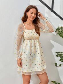 SHEIN VCAY Ditsy Floral Print Flare Sleeve Mesh Overlay Dress - Multicolor - View 4