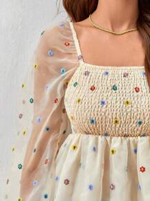 SHEIN VCAY Ditsy Floral Print Flare Sleeve Mesh Overlay Dress - Multicolor - View 7