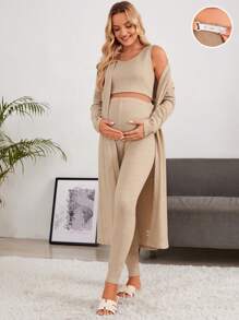 SHEIN Maternity Solid Tank Top & Leggings Set With Coat - Khaki - View 1