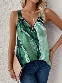 SHEIN LUNE Top con estampado de mármol con cremallera delantera - Verde - Ver 4