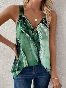 SHEIN LUNE Top con estampado de mármol con cremallera delantera - Verde - Ver 5