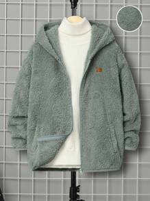 SHEIN 男大童補丁貼連帽毛絨夾克無毛衣 - 薄荷綠 - 查看 1