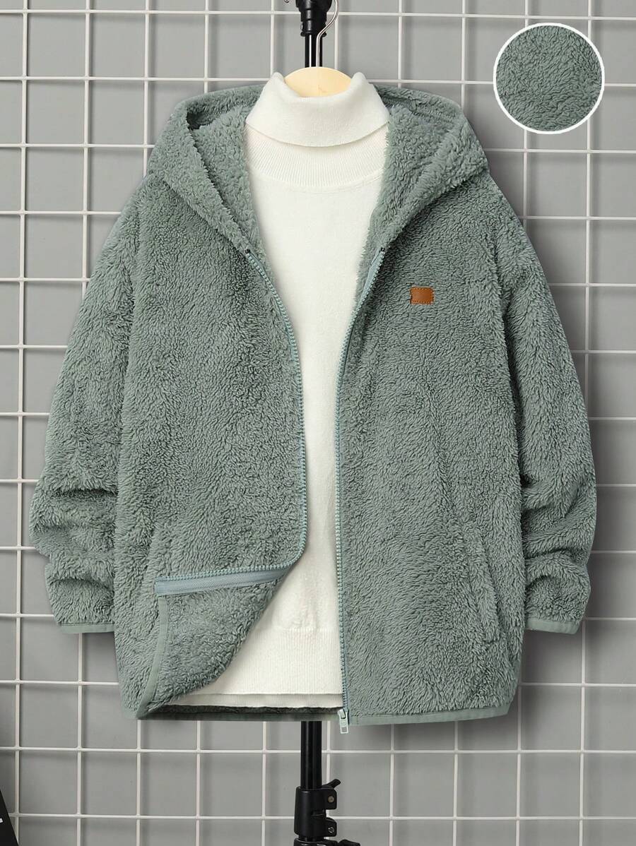 SHEIN 男大童補丁貼連帽毛絨夾克無毛衣 - 薄荷綠 - 查看 1