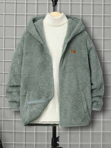 SHEIN 男大童補丁貼連帽毛絨夾克無毛衣 - 薄荷綠 - 查看 4